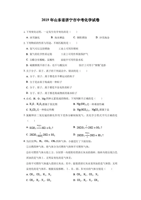 【中考真题】山东省济宁市2019年中考化学真题(Word版,解析版)