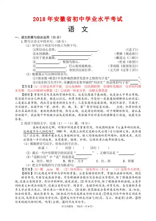 2018年安徽中考语文试题及答案word解析版