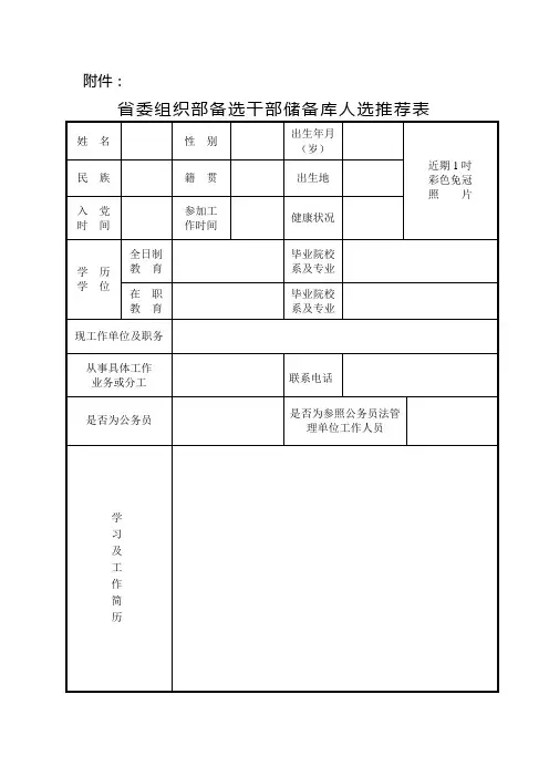 省委组织部备选干部储备库人选推荐表