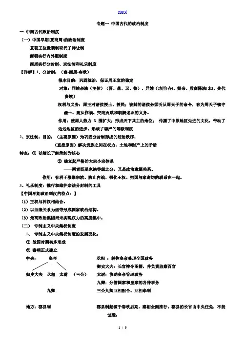 高三历史专题一 中国古代的政治制度