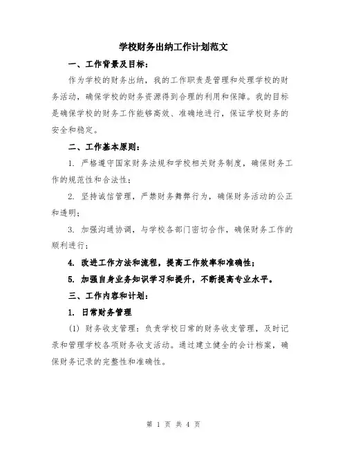 学校财务出纳工作计划范文