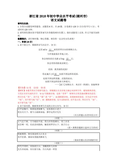 2018年浙江省湖州市中考语文试题(含解析)