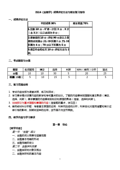 2116《金融学》期末成绩考核方法与复习指导