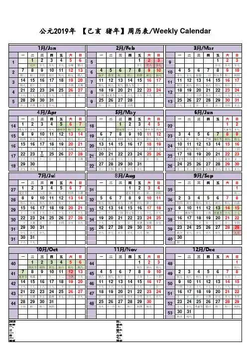 2019年周历表 ( 带阴历 假期 Excel一页打印完美排版)