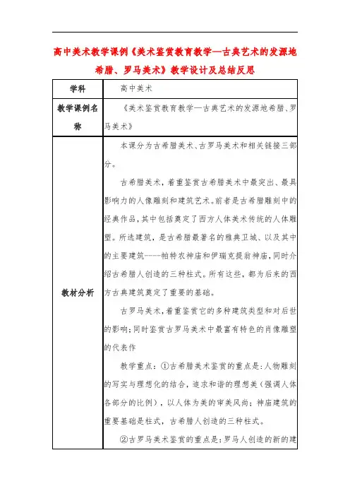 高中美术教学课例《美术鉴赏—古典艺术的发源地希腊、罗马美术》课程思政核心素养教学设计及总结反思
