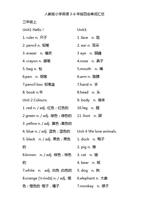 人教版小学英语3-6年级四会单词汇总
