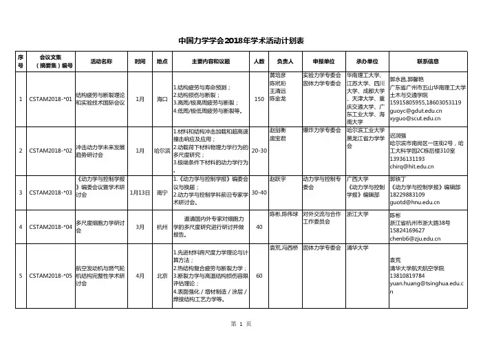 中国力学学会2018年学术活动计划表
