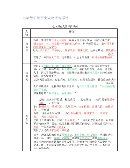 七年级下册历史人物评价举例