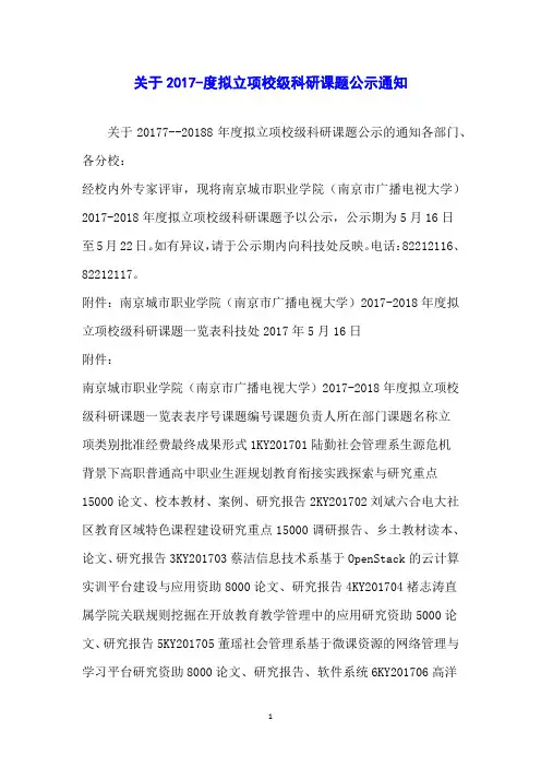 关于2017-度拟立项校级科研课题公示通知