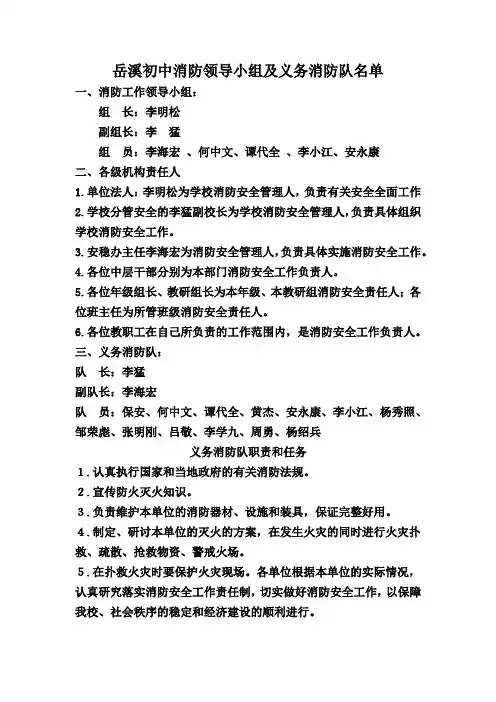 岳溪初中消防领导小组及义务消防队名单