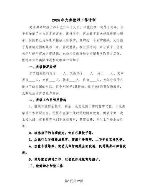 2024年大班教师工作计划(五篇)