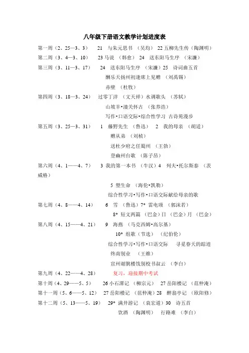 八年级下册语文教学计划进度表