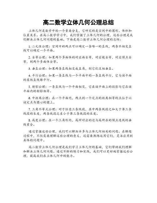 高二数学立体几何公理总结