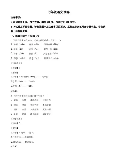 河南省洛阳市2020-2021学年七年级下学期期中语文试题(解析版)