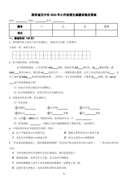 陕西省汉中市2024年小升初语文真题试卷及答案