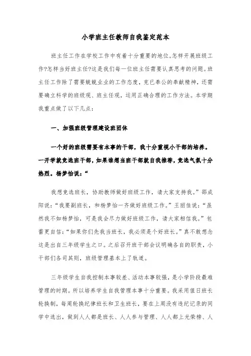 小学班主任教师自我鉴定范本(六篇)