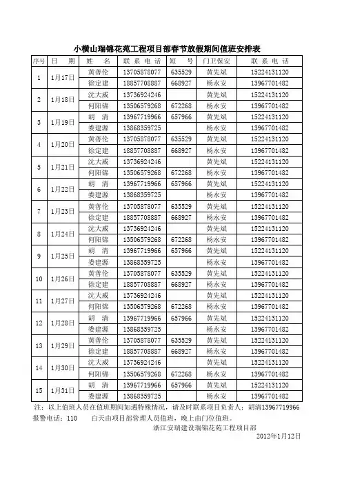 春节放假值班安排表