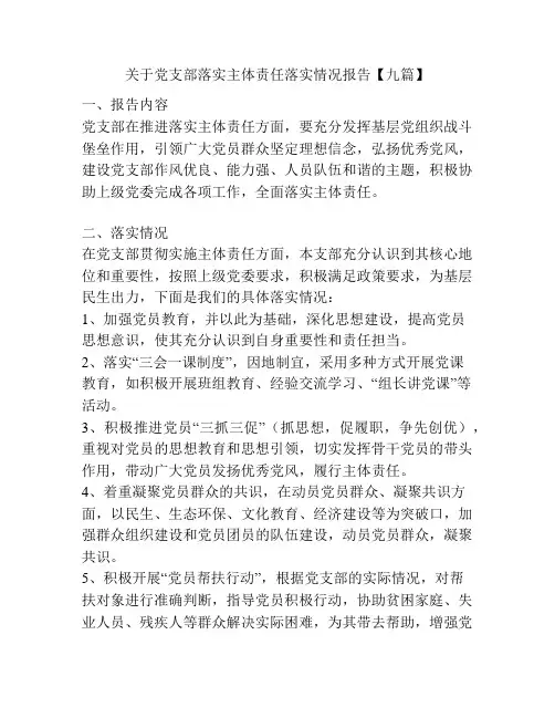 关于党支部落实主体责任落实情况报告【九篇】