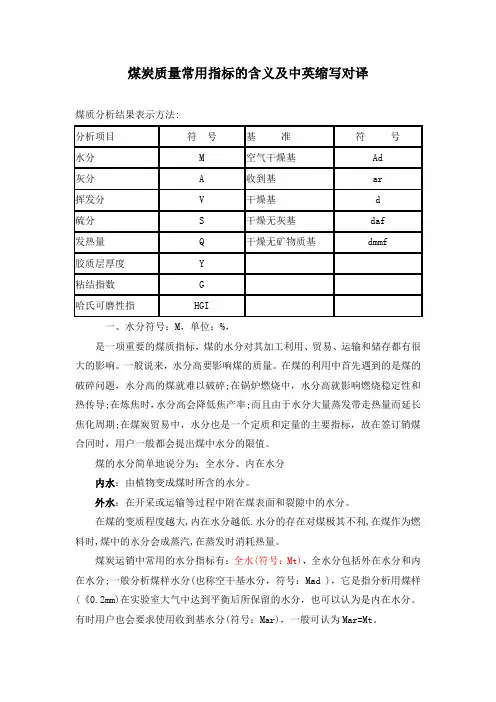 煤炭质量常用指标的含义及中英缩写对译