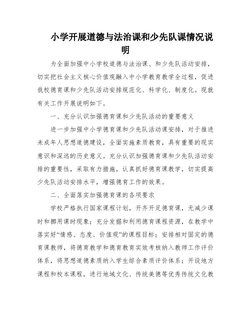 小学开展道德与法治课和少先队课情况说明