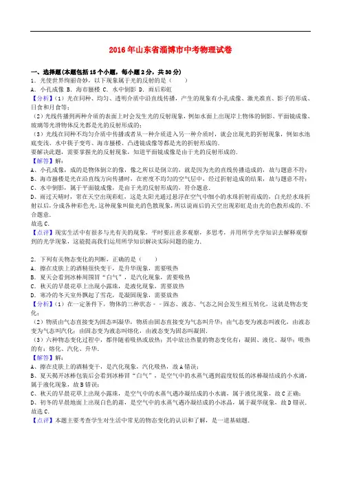 山东省淄博市中考物理真题试题(含解析)