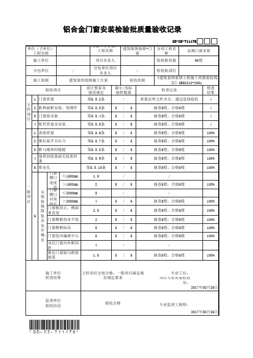 铝合金门窗安装检验批质量验收记录(最新工程模板)