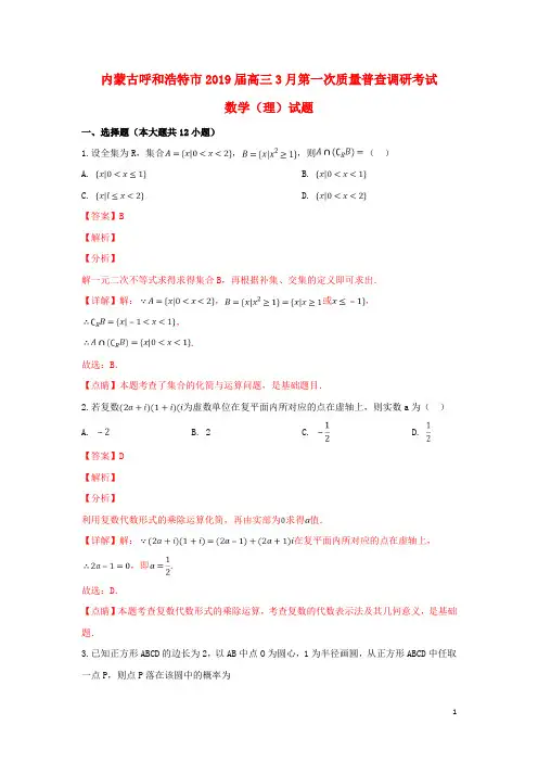 内蒙古呼和浩特市2019届高三数学3月第一次质量普查调研考试试题理(含解析)
