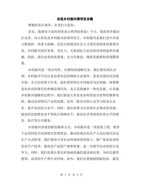 实现乡村振兴领导发言稿