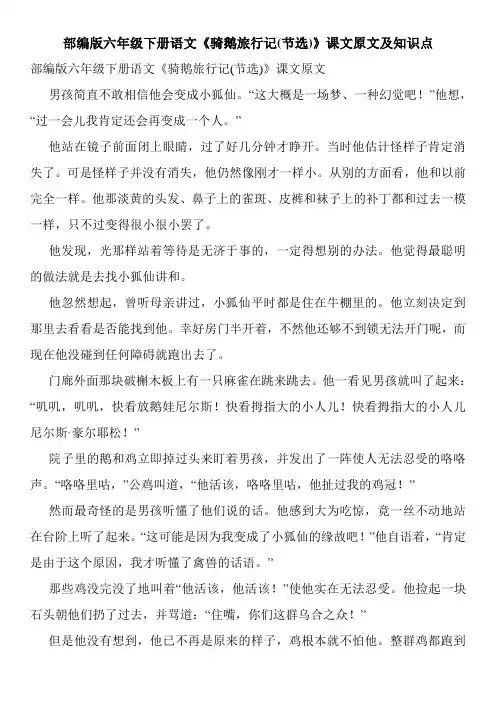 部编版六年级下册语文《骑鹅旅行记(节选)》课文原文及知识点