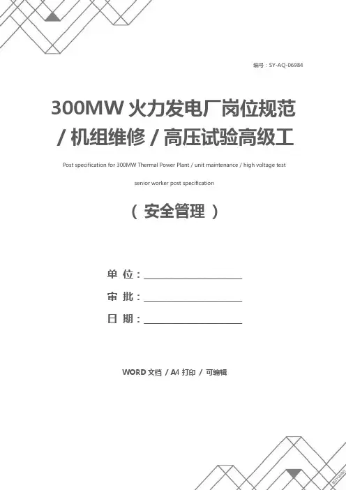 300MW火力发电厂岗位规范／机组维修／高压试验高级工岗位规范