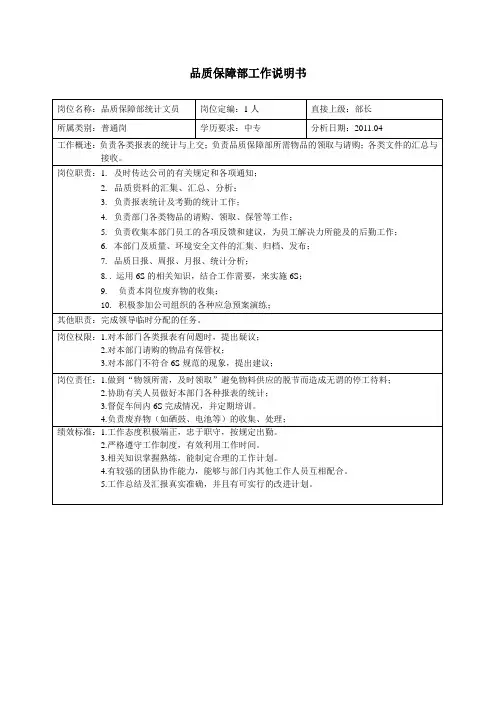 品质保障部文员工作说明书