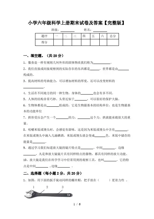 小学六年级科学上册期末试卷及答案【完整版】