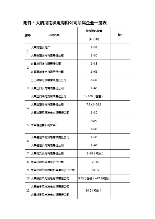 大唐河南发电有限公司所属企业一览表