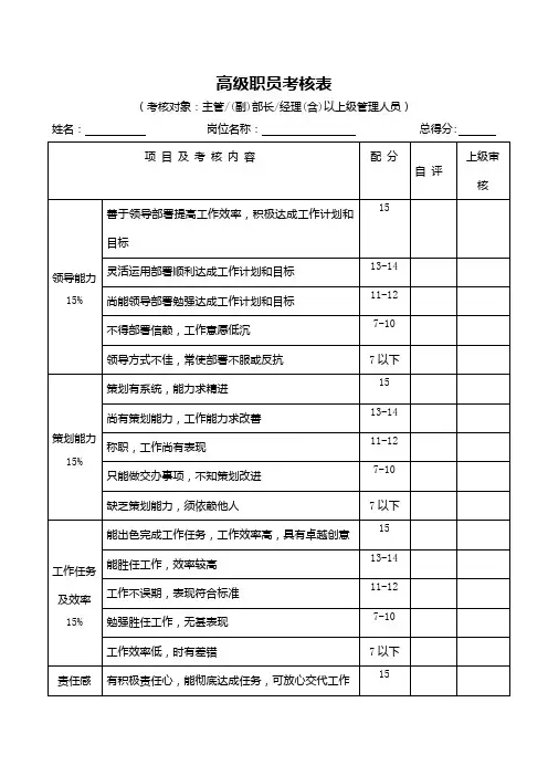 公司员工绩效考核表格