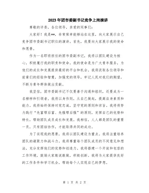 2023年团市委副书记竞争上岗演讲
