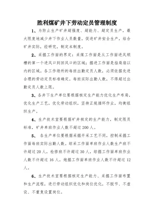 胜利煤矿井下单班作业人数管理制度