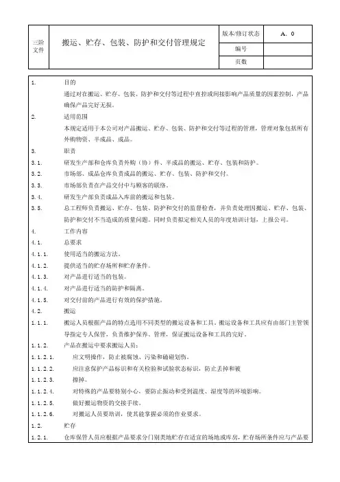 搬运、贮存、包装、防护和交付管理规定