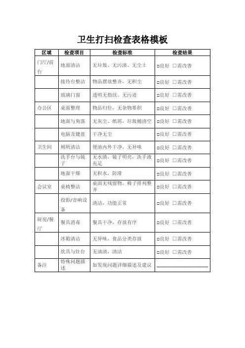 卫生打扫检查表格模板