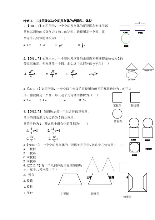 三视图及空间几何体的表面积、体积会考真题I(含答案)