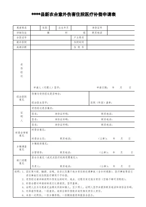 合作医疗意外伤害补偿 申请表