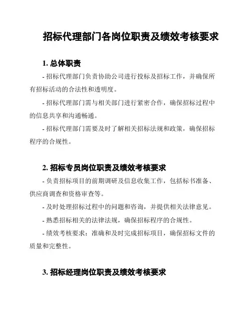招标代理部门各岗位职责及绩效考核要求
