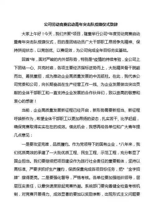 公司劳动竞赛启动青年突击队授旗仪式致辞