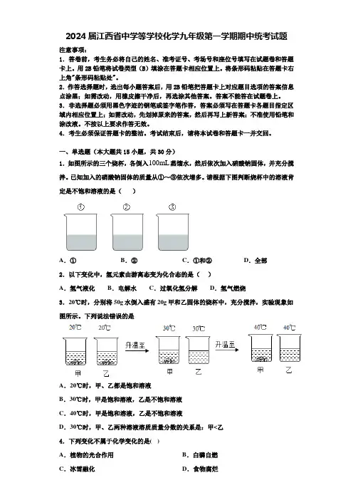 2024届江西省中学等学校化学九年级第一学期期中统考试题含解析