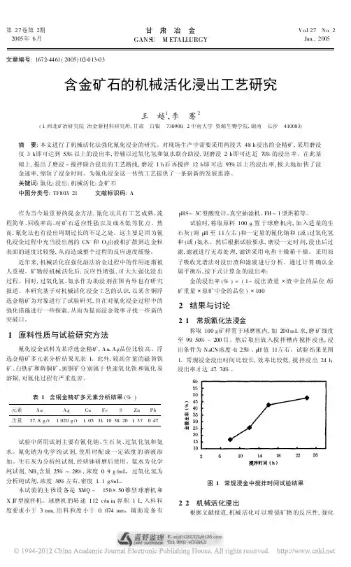 含金矿石的机械活化浸出工艺研究