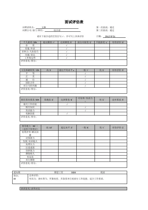 人力资源招聘面试评估表