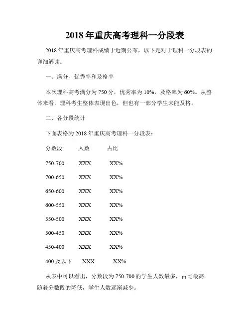 2018年重庆高考理科一分段表