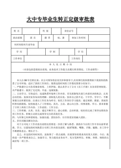 职称评定用表范例-转正定级审批表