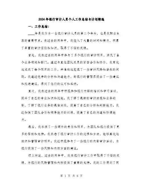2024年银行审计人员个人工作总结与计划精选（2篇）