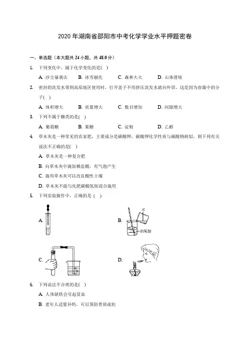 2020年湖南省邵阳市中考化学学业水平押题密卷 (含答案解析)