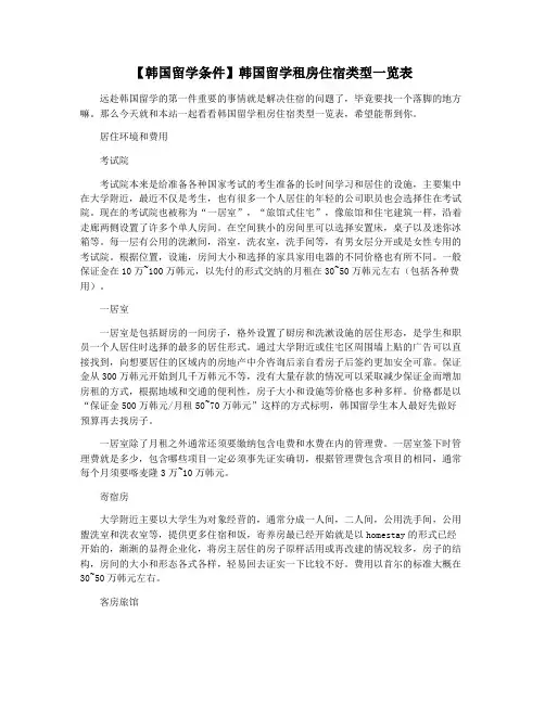【韩国留学条件】韩国留学租房住宿类型一览表